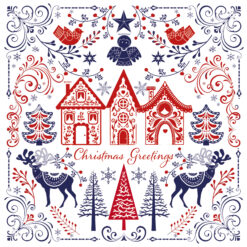 Christmas card highly decorated with blue and red swirls, red gingerbread houses and blue deer