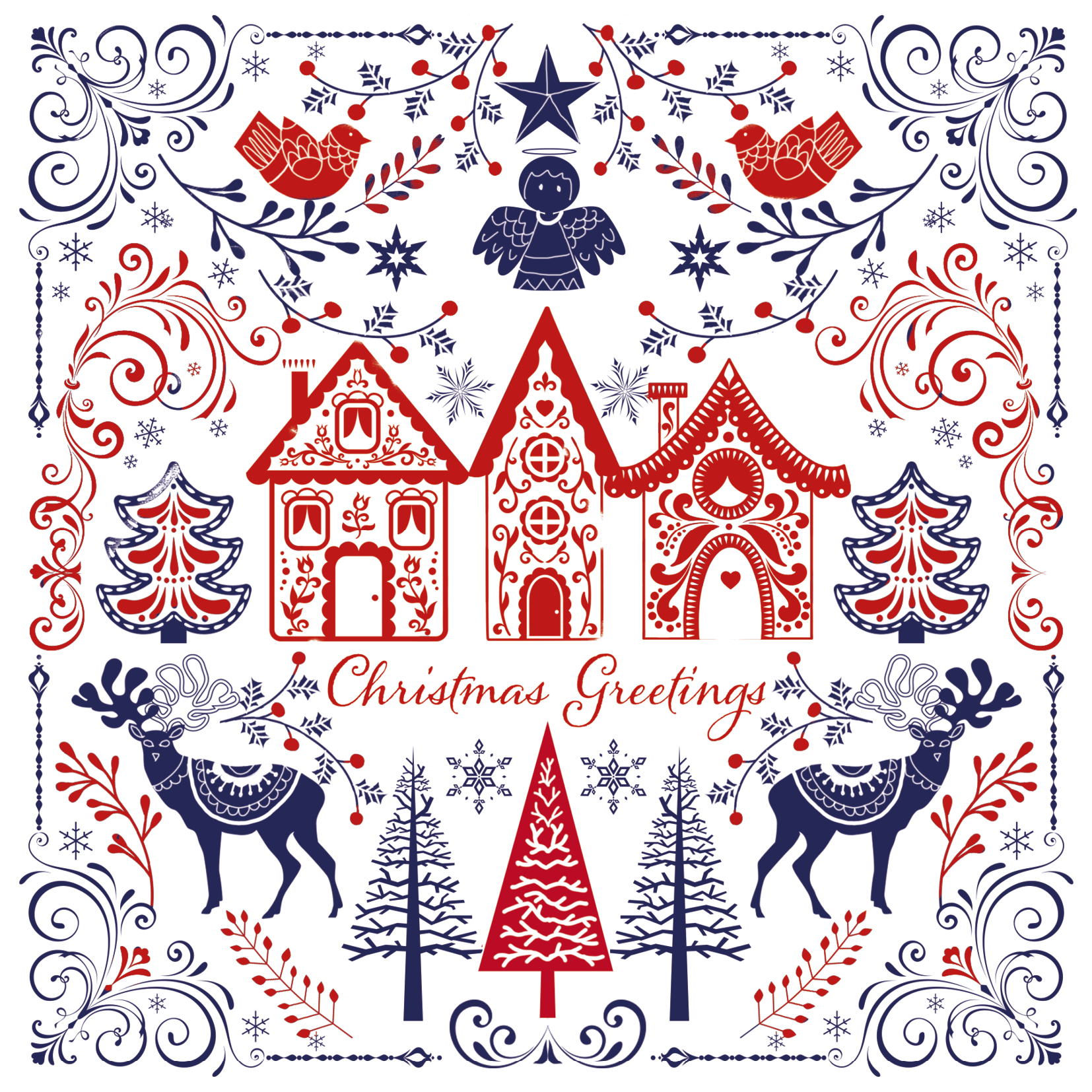 Christmas card highly decorated with blue and red swirls, red gingerbread houses and blue deer