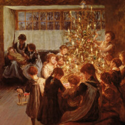Christmas card with an image of a painting by Albert Chevallier Taylor of a large family gathered around a Christmas tree lit with candles