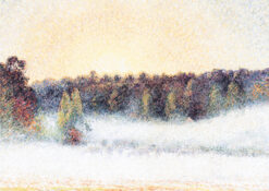 Christmas card with an image of a painting by Camille Pissaro of a misty sunset scene