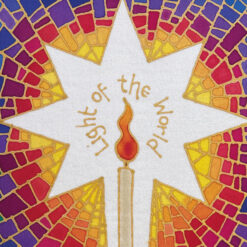 Christmas card with a bright stained glass mosaic background with an image of a lit candle and the words Light of the World surrounding it
