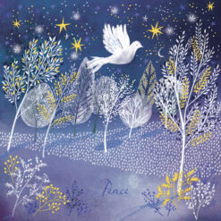 Christmas card with an image of a forest at night with a dove flying