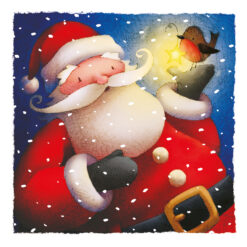 Christmas card with an image of Father Christmas with a Robin perched on his hand holding a star in its mouth