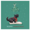 Christmas card with a green background and a black scotty dog looking up at some mistletoe