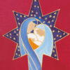 Christmas card with a red background with a stylised image within a star of Madonna holding a baby