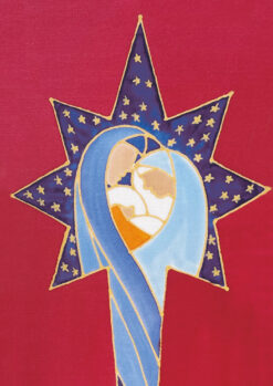 Christmas card with a red background with a stylised image within a star of Madonna holding a baby