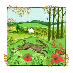 Christmas card with an image of a hare jumping through a wildflower meadow