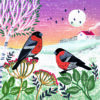 Christmas card with an image of two bullfinches sitting on winter flowers in a snowy scene