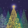 Christmas card with images of Christmas trees with a night sky and a large golden tree with a gold star on top