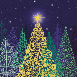 Christmas card with images of Christmas trees with a night sky and a large golden tree with a gold star on top