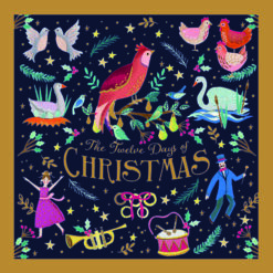 Christmas card featuring drawn images of the 12 days of Christmas