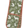 Sage green oven gloves with terracotta trim and woodland animal pattern.