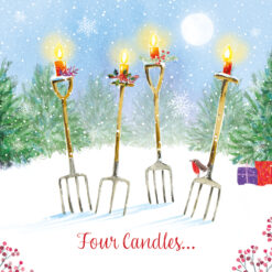 Christmas card with an image of four gardening forks stood up in the snow with four lit candles on their handles