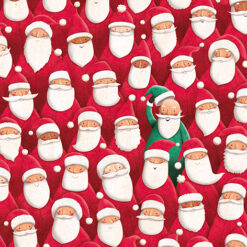 Christmas card filled with an image of lots of Santa's in red costumes and only one Santa in Green