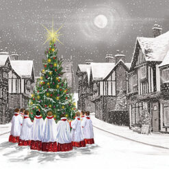 Christmas card with an image of a Choir around a decorated Christmas tree under a moon in a village scene