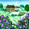 Christmas card with an image of a stone cottage in a countryside scene with wildflowers and a blackbird