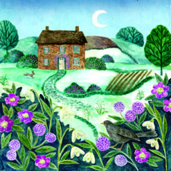 Christmas card with an image of a stone cottage in a countryside scene with wildflowers and a blackbird