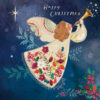 Christmas card with an image of a drawn angel blowing a trumpet wearing a floral gown
