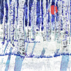 Christmas card with an image of a birch tree forest with moon in the background