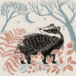 Christmas card with a drawn image of a badger amongst foliage in a stary forest