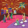 Christmas card with an image of a brightly coloured stylised nativity scene