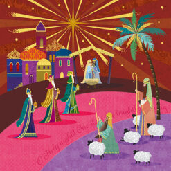 Christmas card with an image of a brightly coloured stylised nativity scene