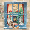 Christmas card with an image of a dog looking out of a window at a cat sat on the windowsill outside in the snow