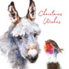 Christmas card with an image of a donkey and a robin