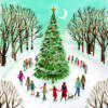 Christmas card with an image of people surrounding a large decorated Christmas tree in a snowy park