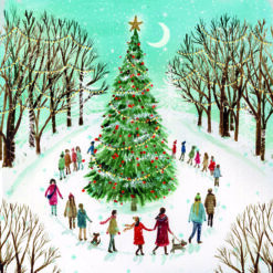 Christmas card with an image of people surrounding a large decorated Christmas tree in a snowy park