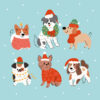 Christmas card of a drawn images of six different dogs with Christmas hats on