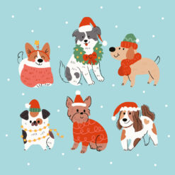 Christmas card of a drawn images of six different dogs with Christmas hats on