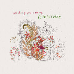 Christmas card with a sketched image of a squirrel amongst foliage