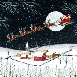 Christmas card with an image of Santa riding his sleigh with reindeers over a snow covered town