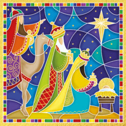 Christmas card with a stained glass image of the three wise men giving gifts to Jesus in a manger under a star