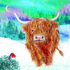 Christmas card with an image of a Highland cow in a snowy field with a robin on a bush