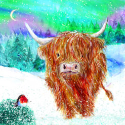 Christmas card with an image of a Highland cow in a snowy field with a robin on a bush