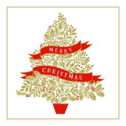 Christmas card with an image of a gold tree with red ribbon saying Merry Christmas on it.