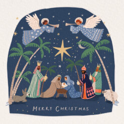 Christmas card with a drawn image of the nativity scene with two angels playing trumpets flying over head
