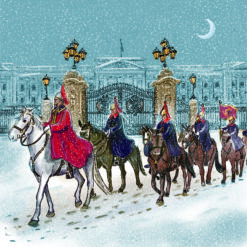 Christmas card with an image of soldiers on horseback in front of Buckingham palace
