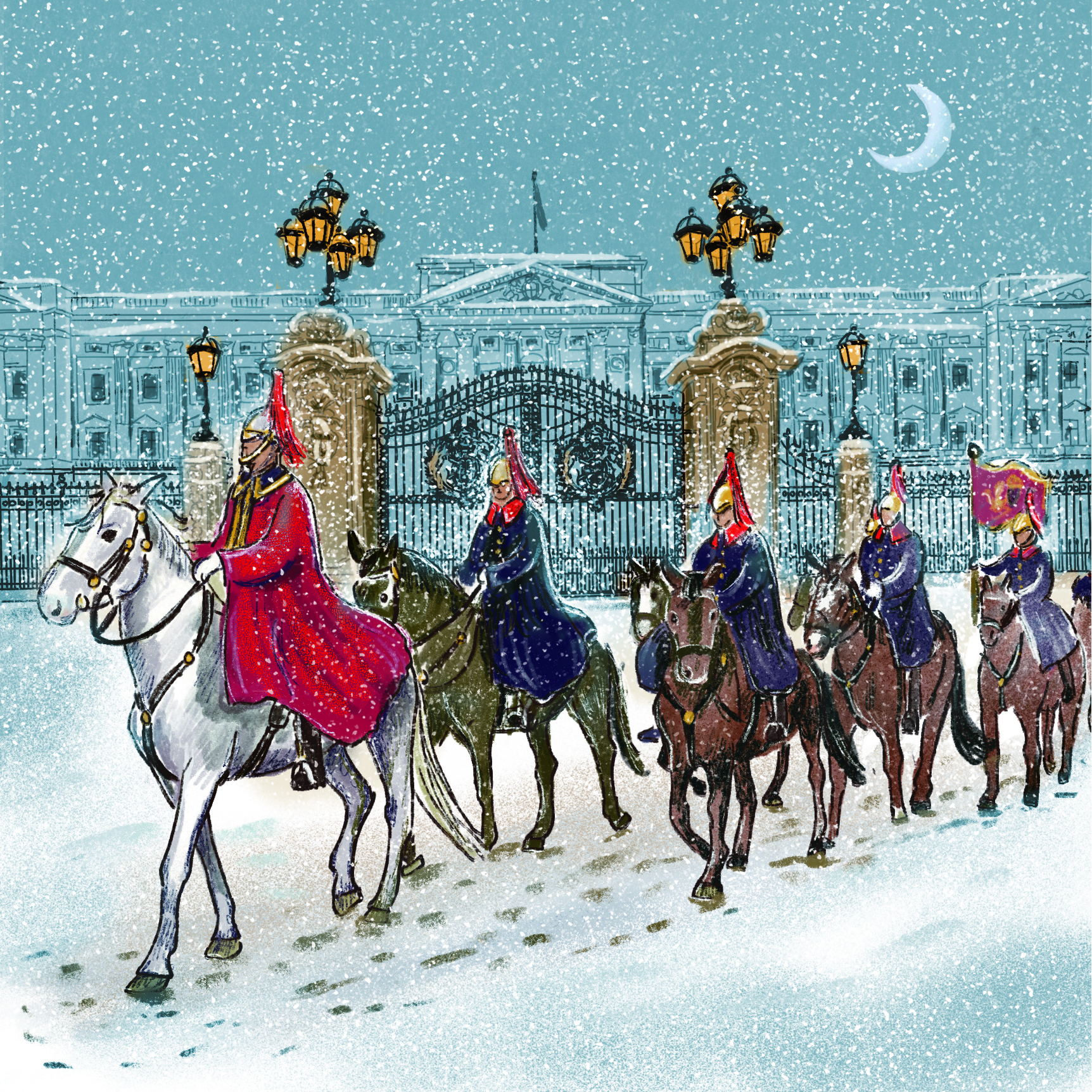 Christmas card with an image of soldiers on horseback in front of Buckingham palace