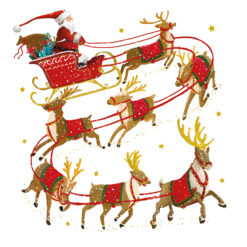 Christmas card with an image of Santa in his sleigh being pulled along by all his reindeer