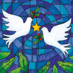 Christmas card with a stained glass image of two white doves flying around a gold star with holly in their mouths