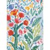 A tea towel with bright colourful flowers in red, blue and green against a pale blue background.