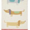 Tea towel with three sausage dogs with little red hearts on their chests. A colourful pattern of spots runs along the bottom of the towel.