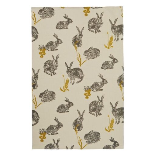 Tea towel with a rabbit pattern.