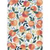 A tea towel with a pattern of peaches against a floral pink and blue background.