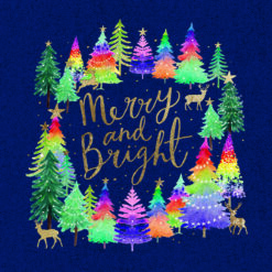 Christmas card with images of rainbow coloured Christmas trees with Merry and Bright wording