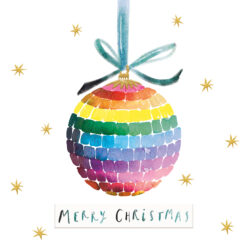 Christmas card with an image of a rainbow coloured bauble with blue ribbon surrounded by little gold stars