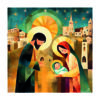 Christmas card with an image of Joseph, Mary and baby Jesus with Bethlehem in the background
